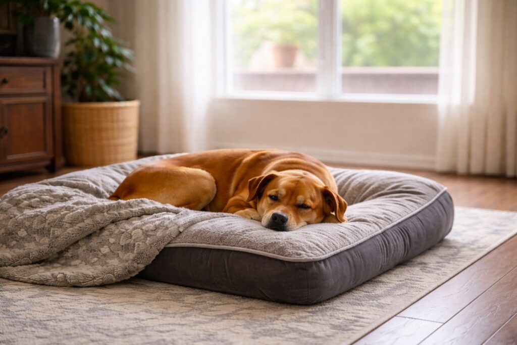 Hund allein, liegt in seinem Hundebett