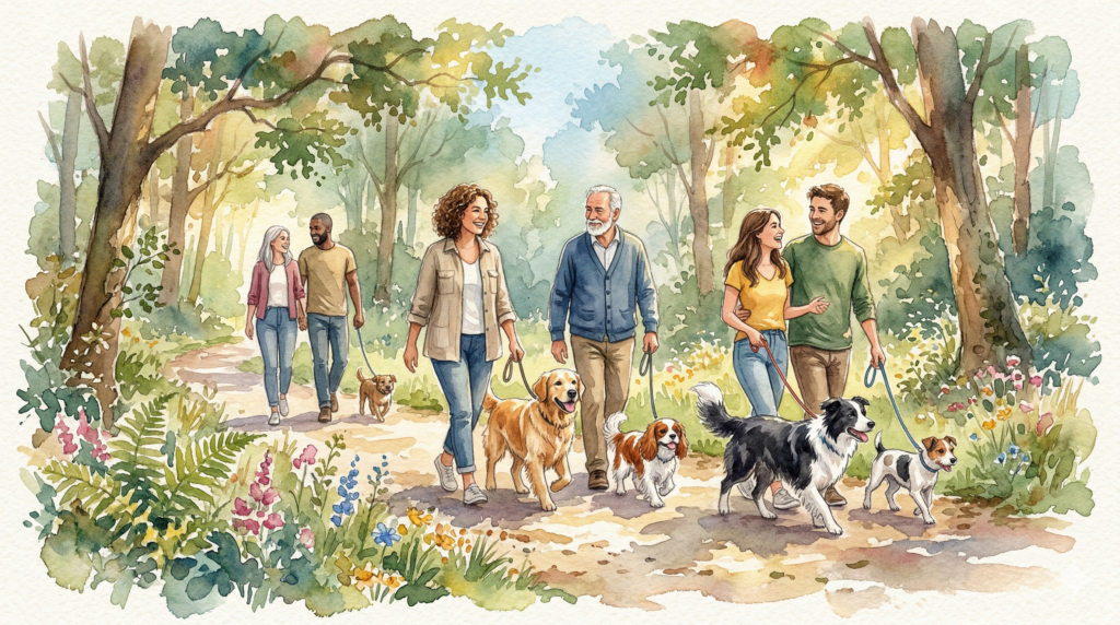 Menschen und Hunde auf einem Waldweg