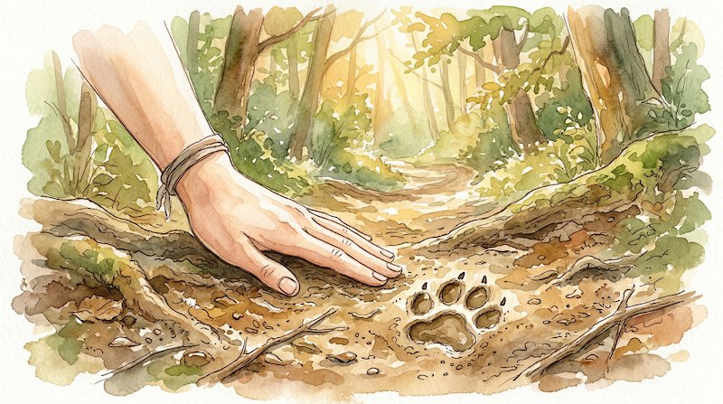 Hand und Pfote, die auf einem Waldweg liegen