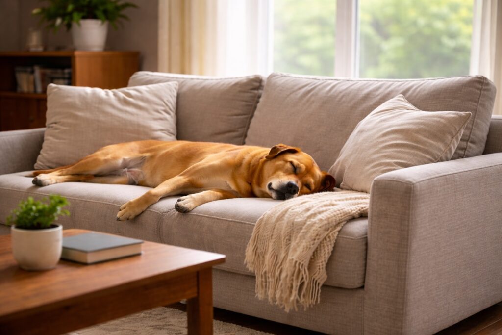 Hund allein, Hund auf dem Sofa