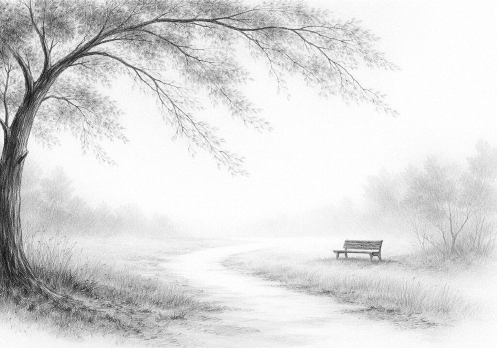 Schwarzweiß Bild von einem Baum und einer leeren Bank