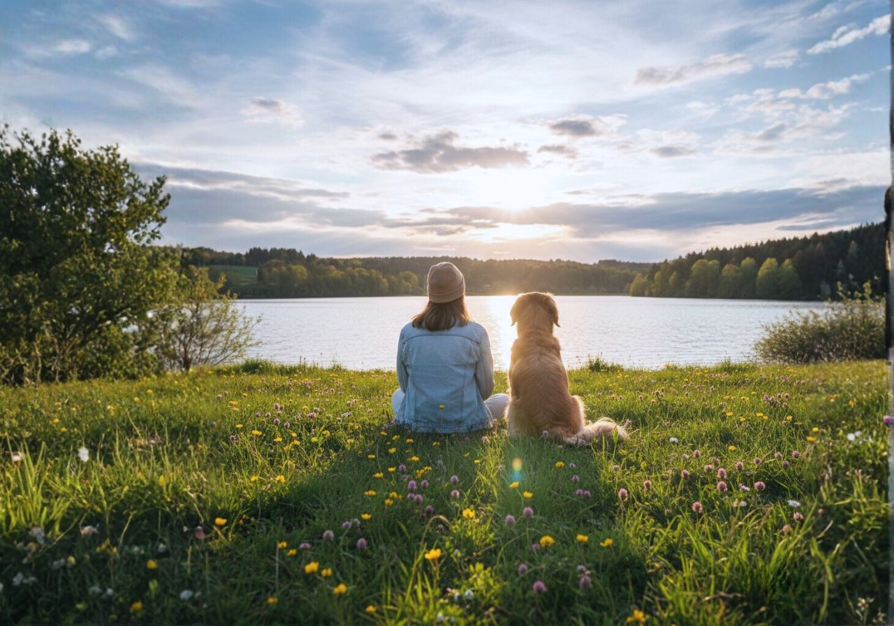 Hund und Mensch sitzen an einem See