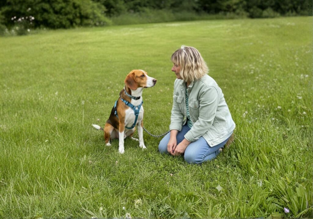 Frau und Hund auf Wiese