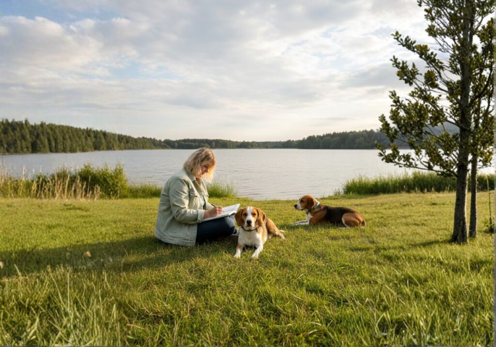 Frau sitzt mit zwei Hunden an einem See auf einer Wiese
