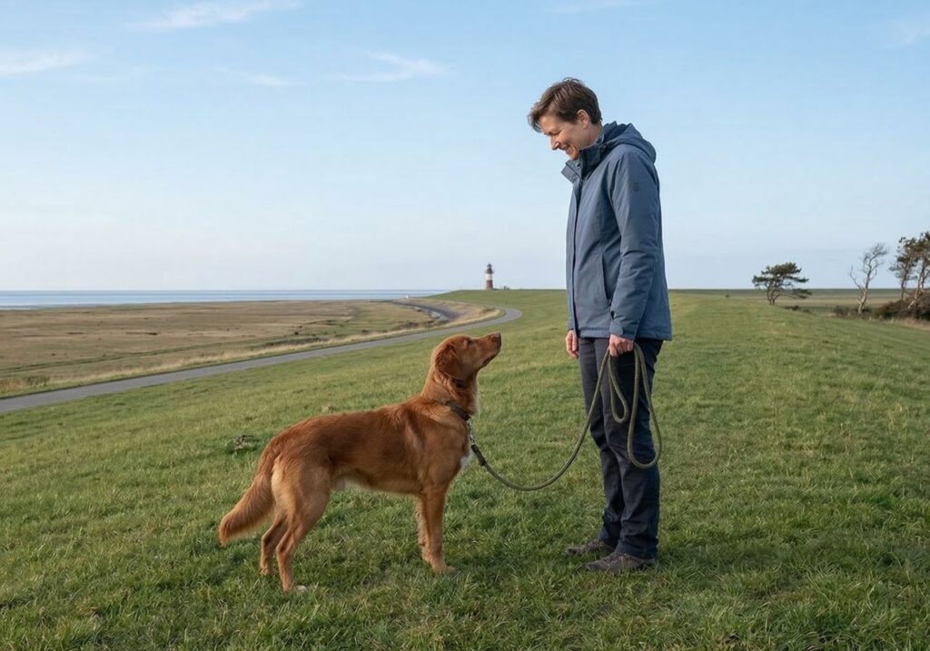 Mensch und Hund blicken gemeinsam über einen Deich in Schleswig-Holstein, tiefe Verbindung und Ruhe.