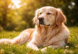 Hund liegt entspannt auf einer Wiese